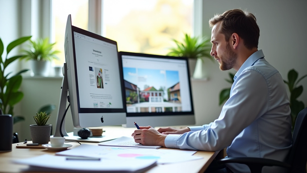 Michiel aan het werk in een modern design studio met monitors en schetsmateriaal