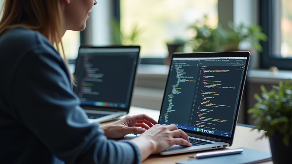 Developer aan het werk op laptop, scherm toont HTML-code van hypotheekberekenaar applicatie