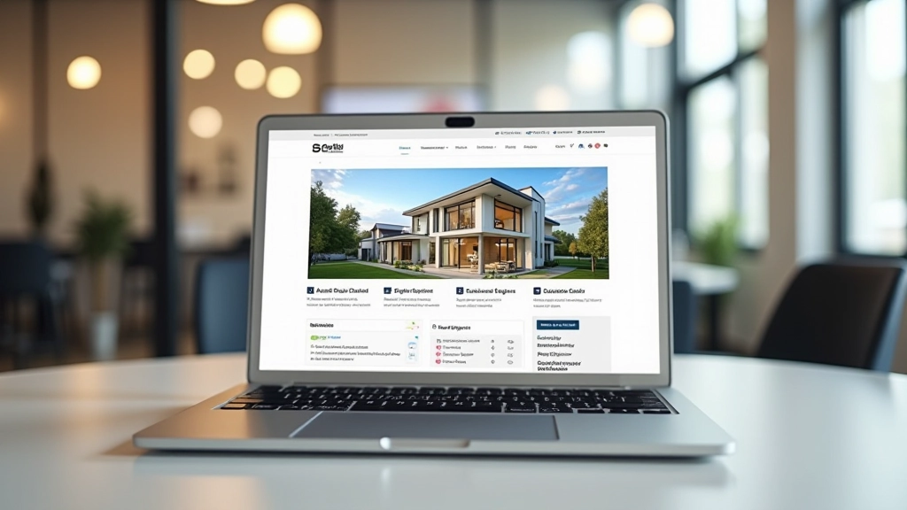 Laptop scherm met professionele Funda-achtige makelaarsite met grote fotogalerij en zoekfilters