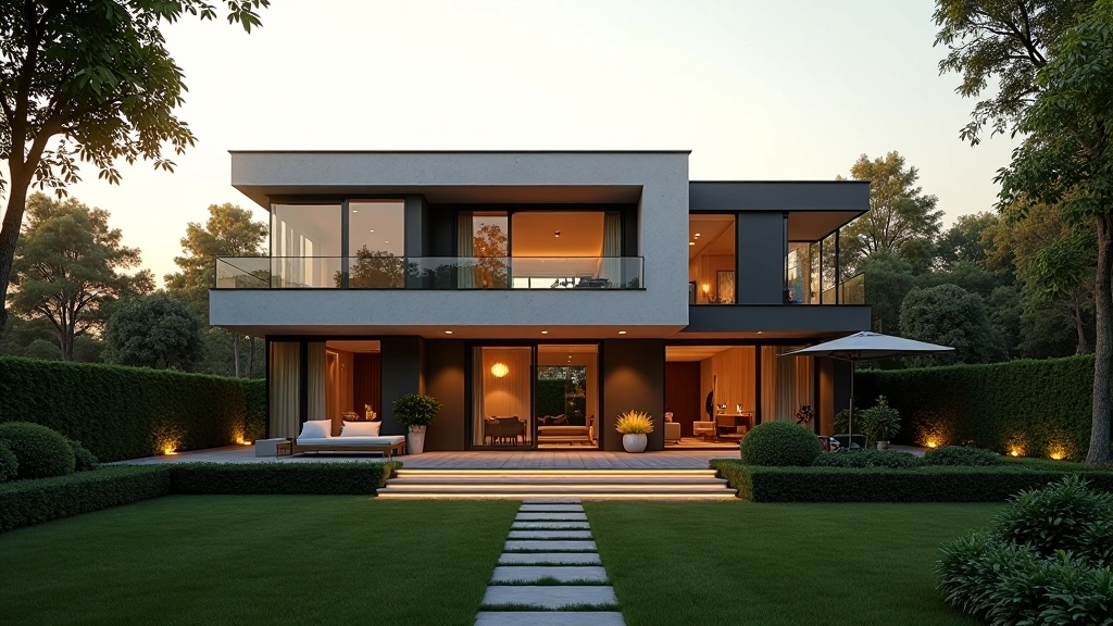 Luxe modern woonhuis met grote ramen en groene tuin, avondlicht, cinematic compositie