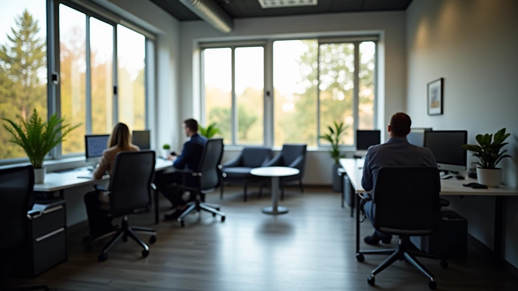 Interieur van modern makelaarskantoor met teamleden achter grote glazen desks, heldere verlichting, professionele atmosfeer