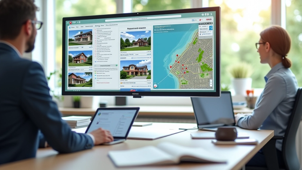 Moderne makelaarskantoor met grote schermen waarop huizen worden getoond met virtuele rondleidingen en interactieve kaarten