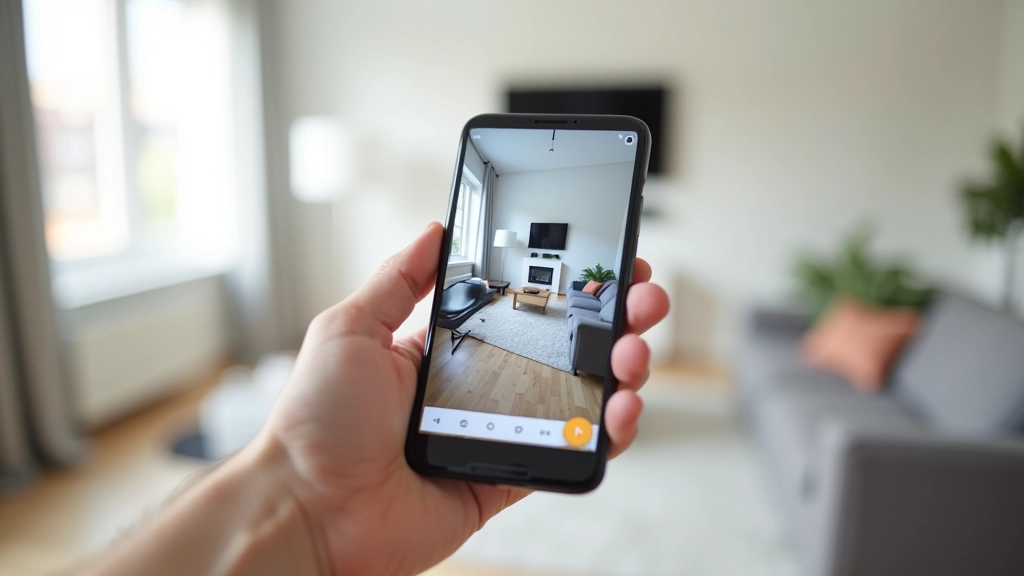 Telefoon scherm toont een virtuele 360-graden rondleiding door een modern woonkamer met draaibare weergave