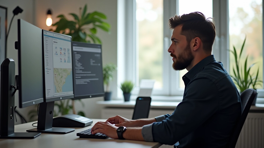 Webdesigner werkt aan integratie van virtuele rondleiding op makelaar website met moderne interface en technische tools
