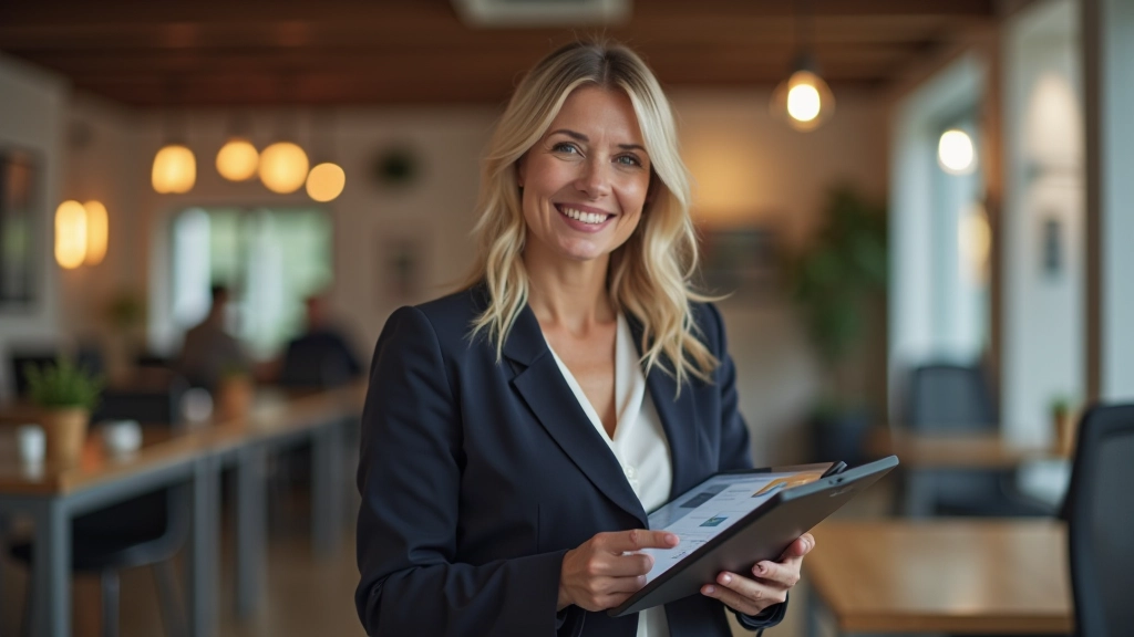 Gelukkige makelaar die online virtuele tours presenteert op tablet scherm aan potentiële klanten in modern kantoor